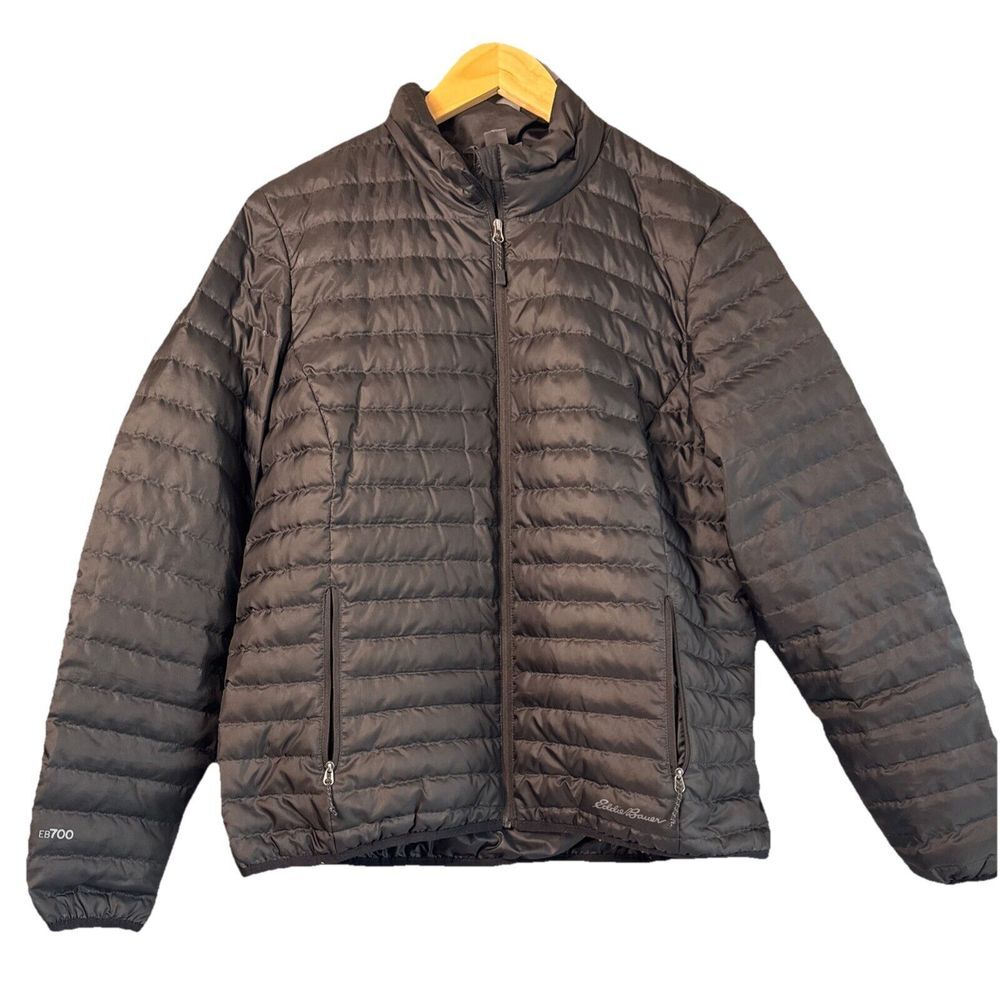 Eddie Bauer Goose Down Jacket Womens Large Black Quilted Lightweight Zip Pockets